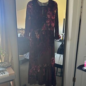 Soft Surroundings Burgundy Floral Long Sleeve Dress